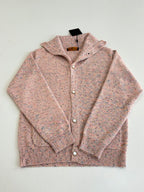 Pink speckled knit cardigan sweater with button front, textured knit collar, long sleeves