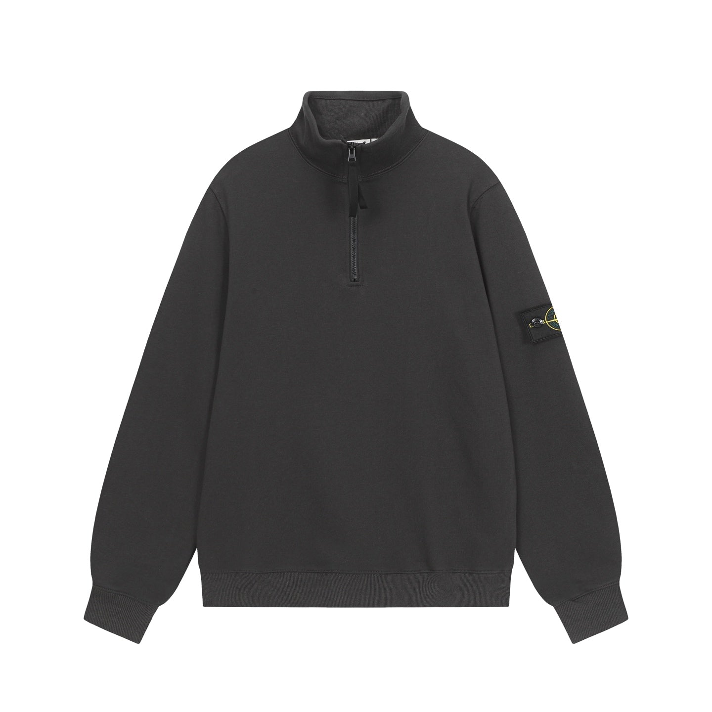 Black Stone Island half-zip sweatshirt with stand collar and sleeve logo patch