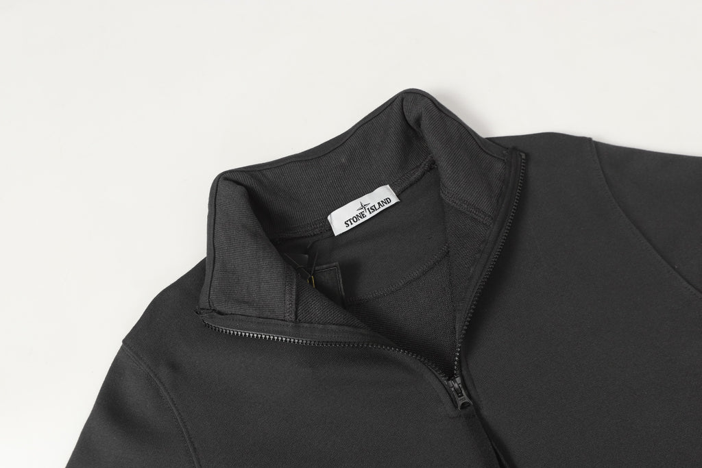 Black half-zip sweatshirt neckline with inner collar label, shoulder close-up