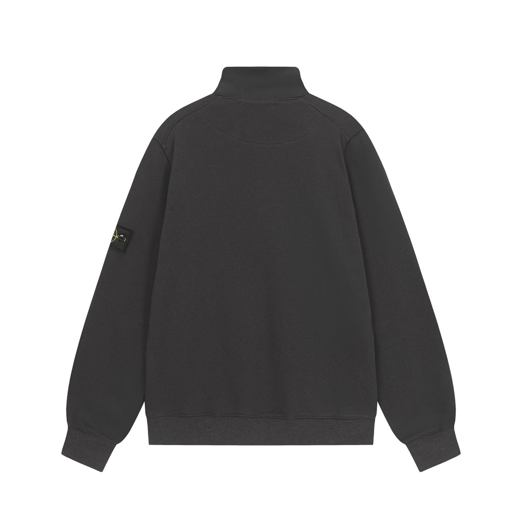 Black half-zip sweatshirt with stand collar and small sleeve logo patch, back view