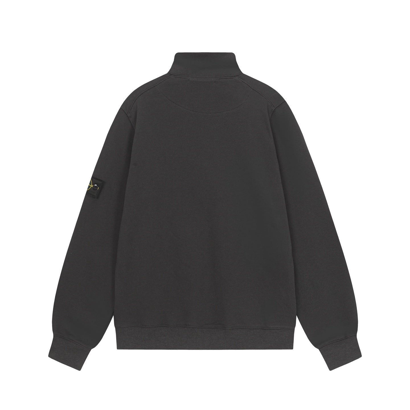 Black half-zip sweatshirt with stand collar and small sleeve logo patch, back view