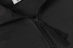 Black half-zip sweatshirt zipper close-up with textured fabric and stitching