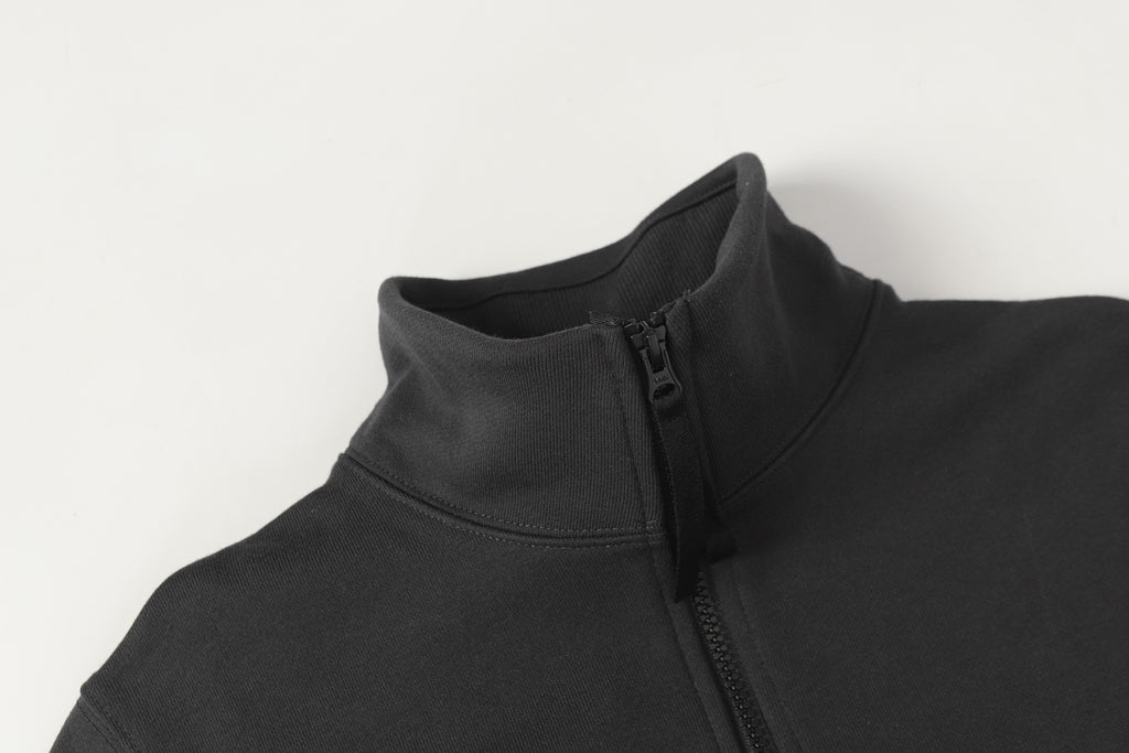 Black half-zip sweatshirt collar and zipper area, front close-up