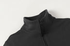 Black half-zip sweatshirt collar and zipper area, front close-up