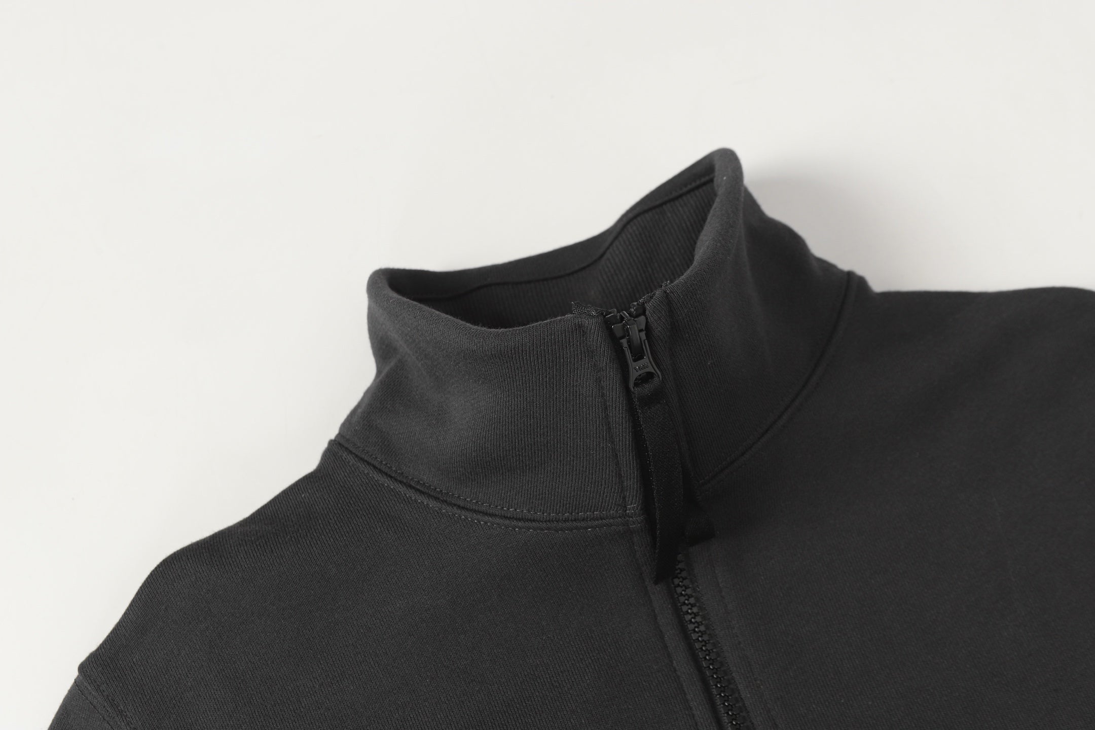 Black half-zip sweatshirt collar and zipper area, front close-up