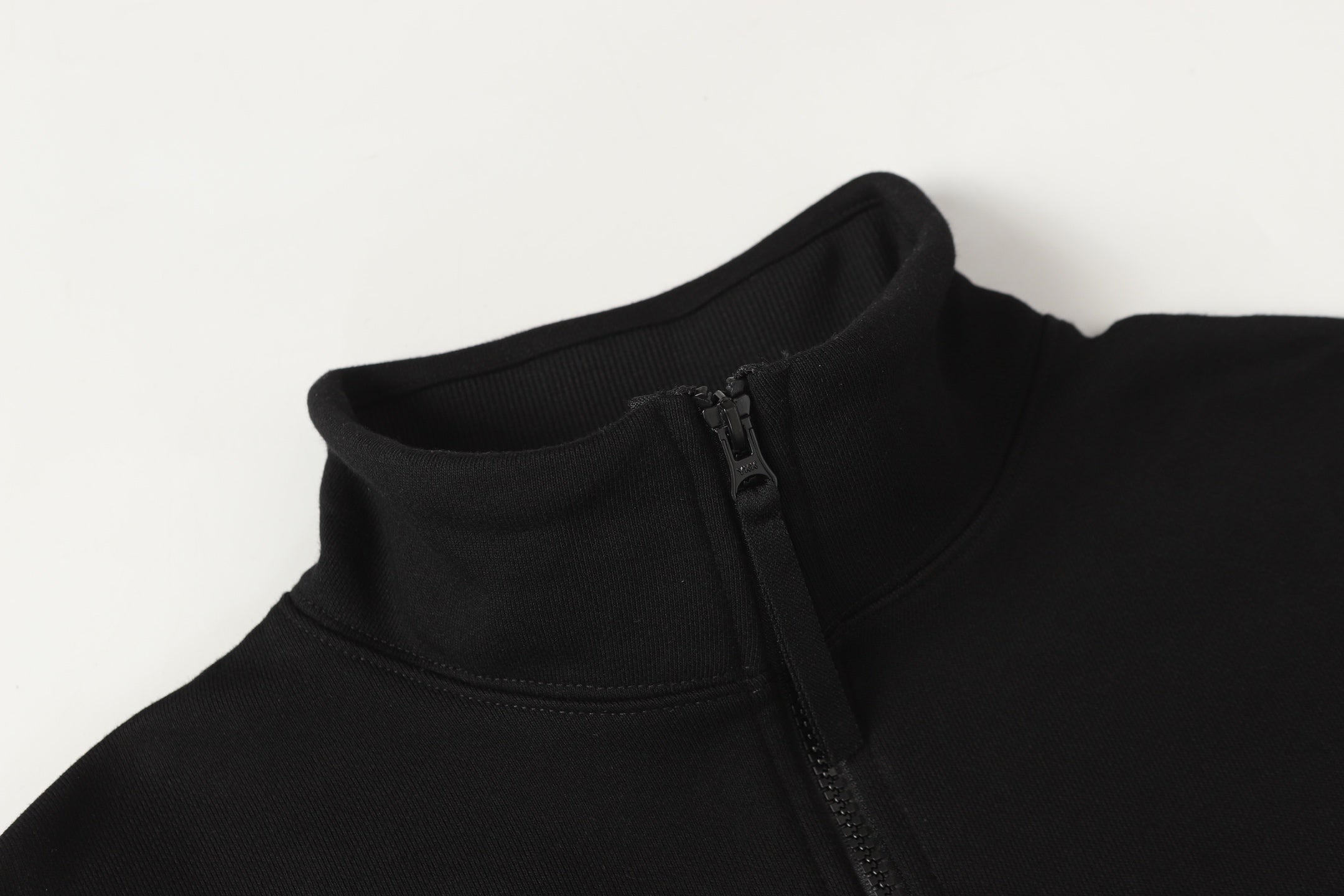 Black quarter-zip sweatshirt mock neck with metal zipper