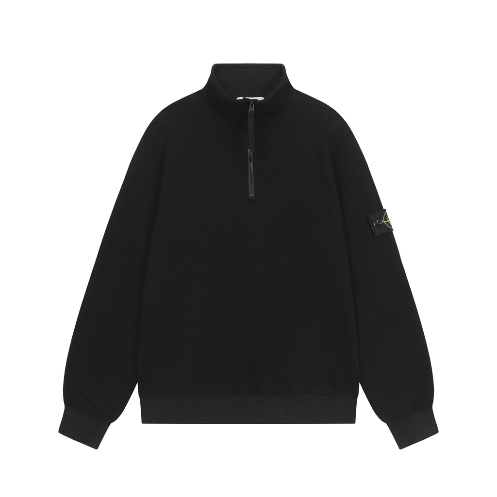 Black quarter-zip sweatshirt with ribbed collar, long sleeves, logo patch on arm