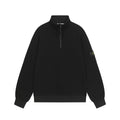 Black quarter-zip sweatshirt with ribbed collar, long sleeves, logo patch on arm