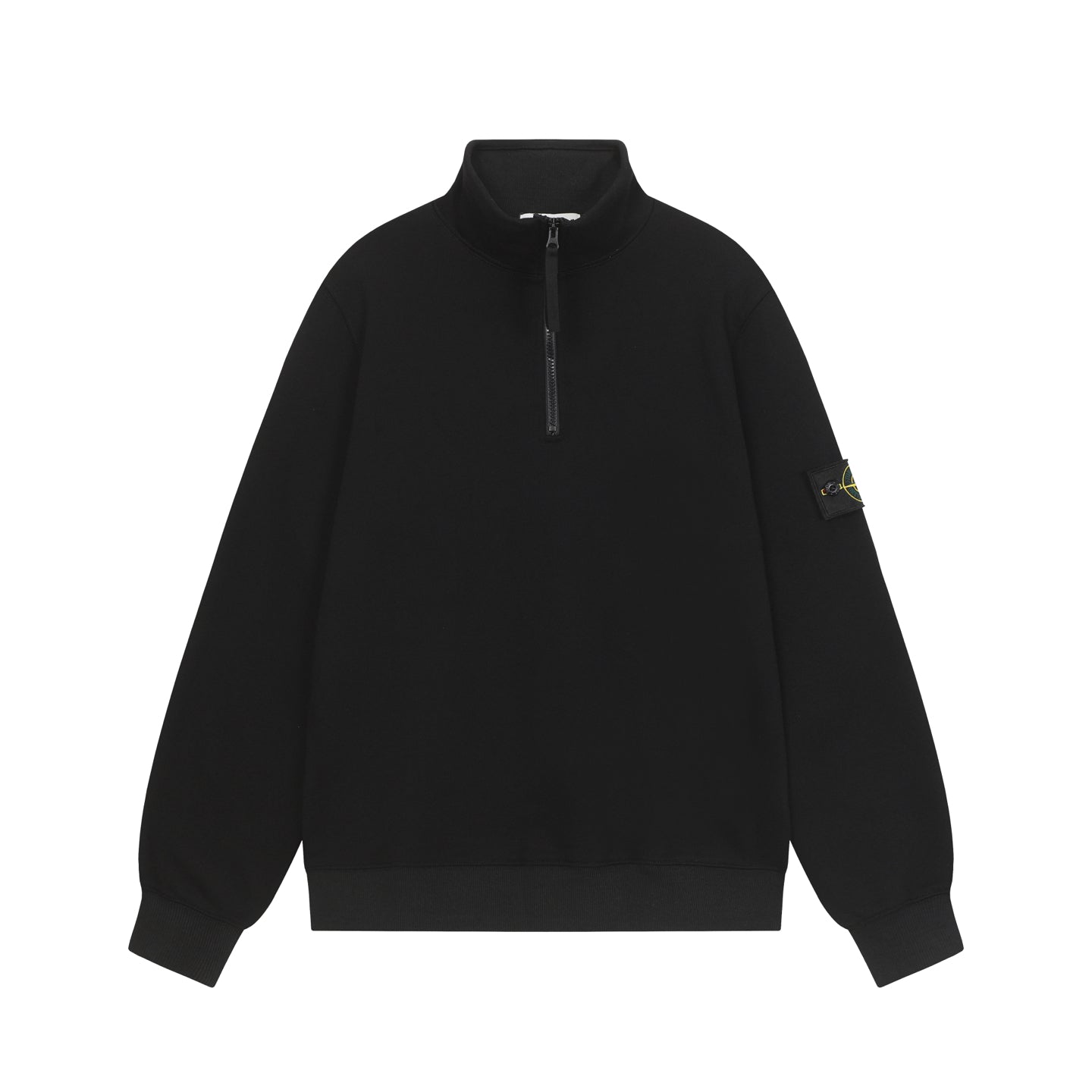 Black quarter-zip sweatshirt with ribbed collar, long sleeves, logo patch on arm