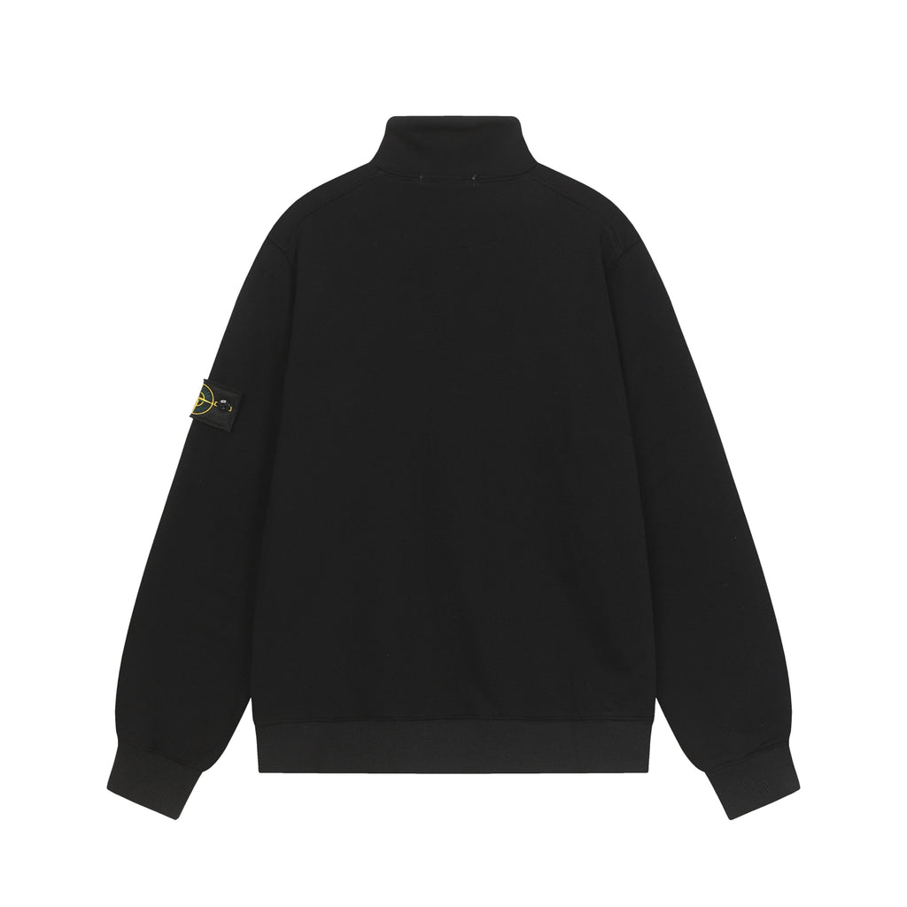 Black quarter-zip sweatshirt with ribbed cuffs and hem, sleeve logo patch