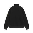 Black quarter-zip sweatshirt with ribbed cuffs and hem, sleeve logo patch