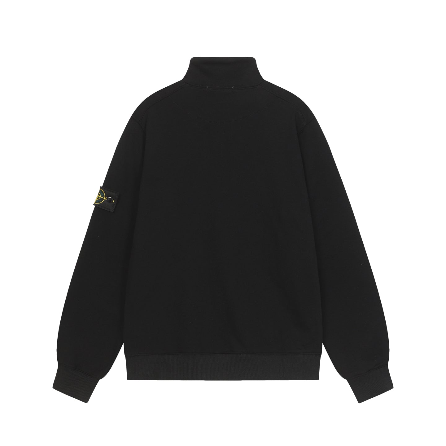 Black quarter-zip sweatshirt with ribbed cuffs and hem, sleeve logo patch