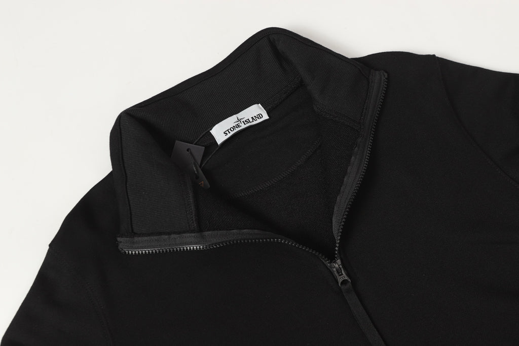 Black quarter-zip sweatshirt with neck label and front zipper