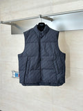 Quilted sleeveless vest with stand collar, dark Dior monogram pattern, button front.