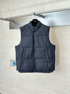 Quilted sleeveless vest with stand collar, dark Dior monogram pattern, button front.