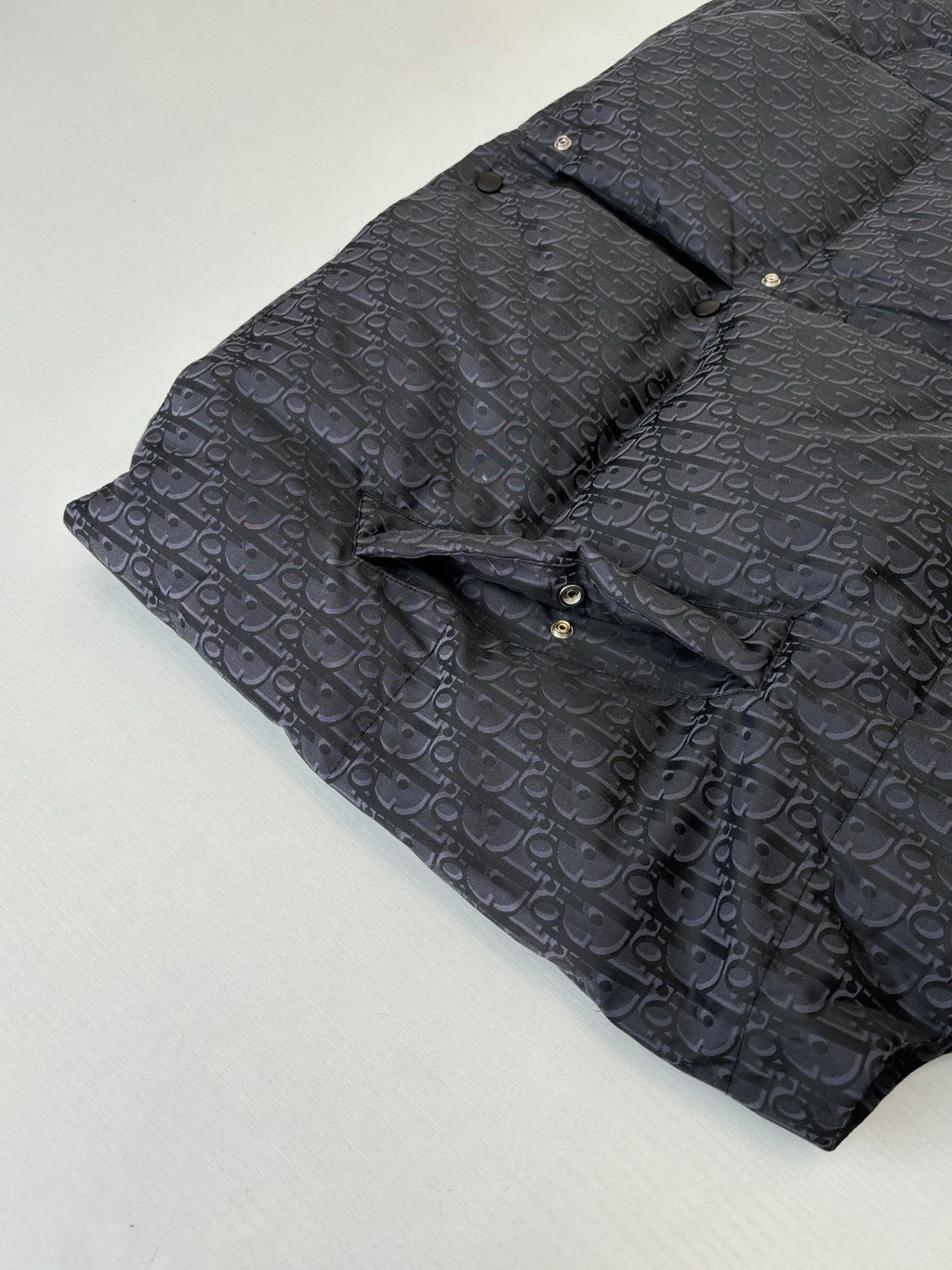 Sleeveless quilted vest in dark Dior monogram fabric, stand collar and button placket detail.