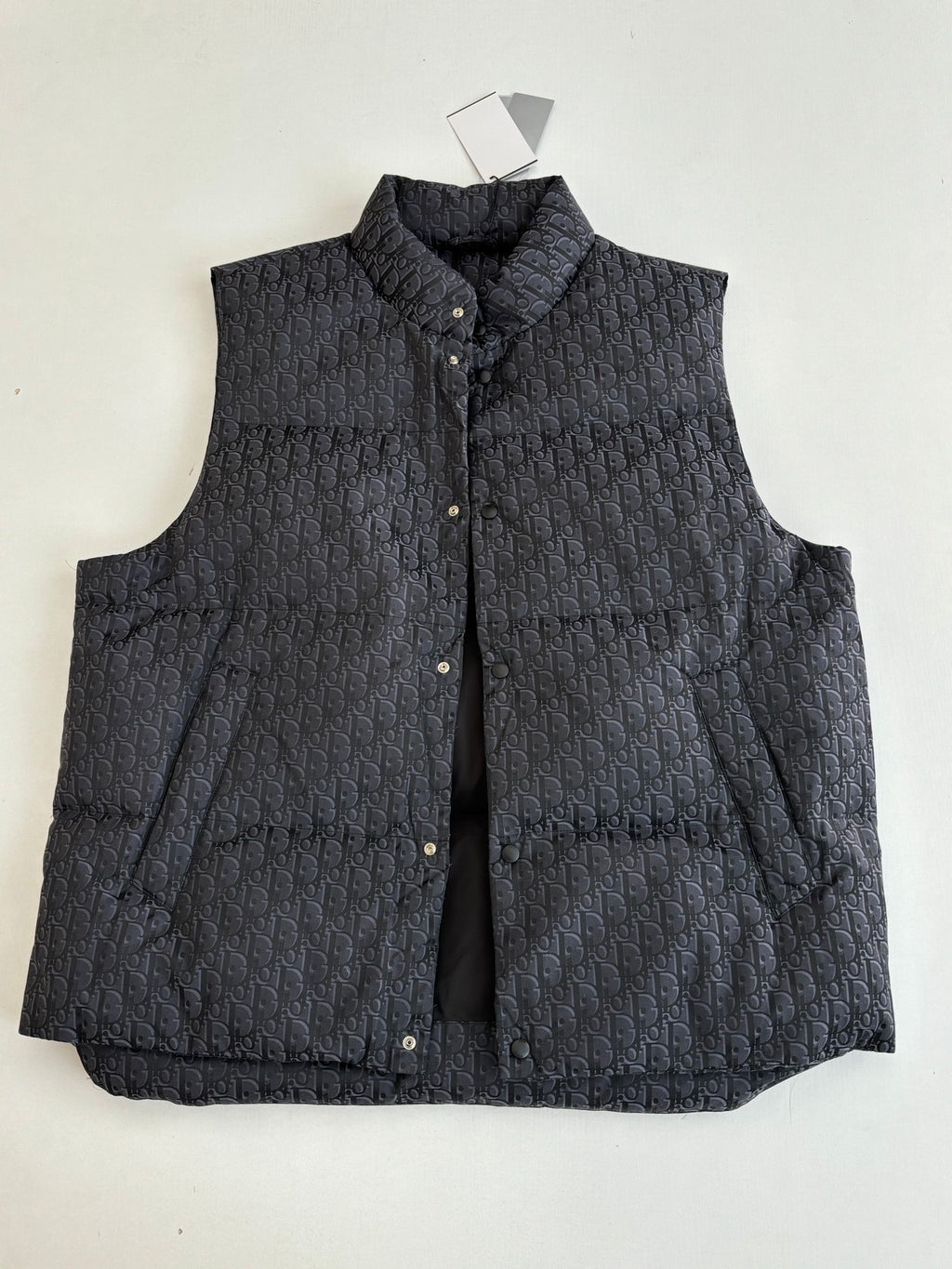 Quilted sleeveless vest with stand collar, dark Dior monogram pattern, front button closure.