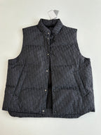 Quilted sleeveless vest with stand collar, dark Dior monogram pattern, front button closure.