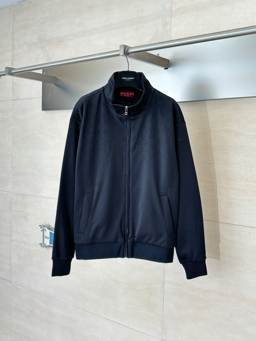 Gucci long-sleeve zip jacket in dark navy, stand collar, ribbed cuffs and hem