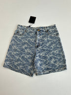 Blue monogram denim shorts, front view with gold button and fly