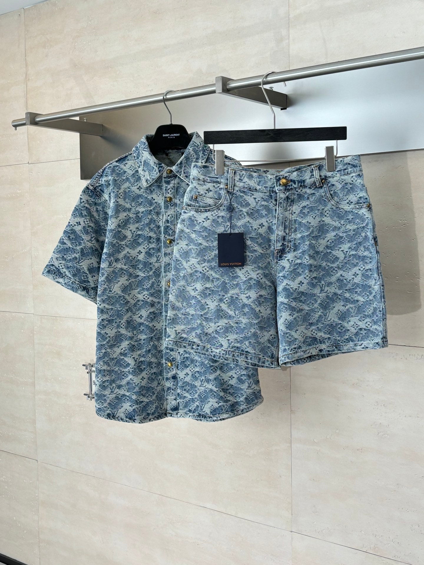 Blue monogram denim short-sleeve button-up shirt and matching denim shorts set