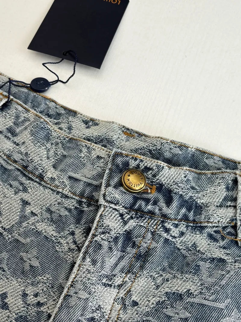 Louis Vuitton light blue denim shorts with logo button and stitched waistband
