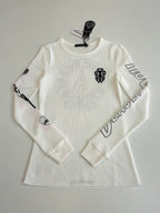 White long-sleeve crewneck shirt with small front emblem and sleeve band print