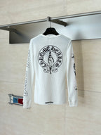 White long-sleeve crewneck shirt with large back crest graphic