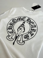 White long-sleeve crewneck shirt with large circular back-to-front logo graphic
