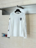 White long-sleeve crewneck shirt with small chest emblem and sleeve prints