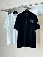 Moncler short-sleeve polo shirts set, dark navy and white, both on hangers