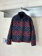 Long Louis Vuitton zip-up jacket with maroon and navy monogram pattern, stand collar.