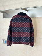 Long Louis Vuitton jacket with maroon and navy monogram pattern, back view, stand collar.