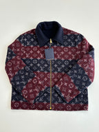 Monogram Louis Vuitton jacket with stand collar and gold zipper, maroon and navy.