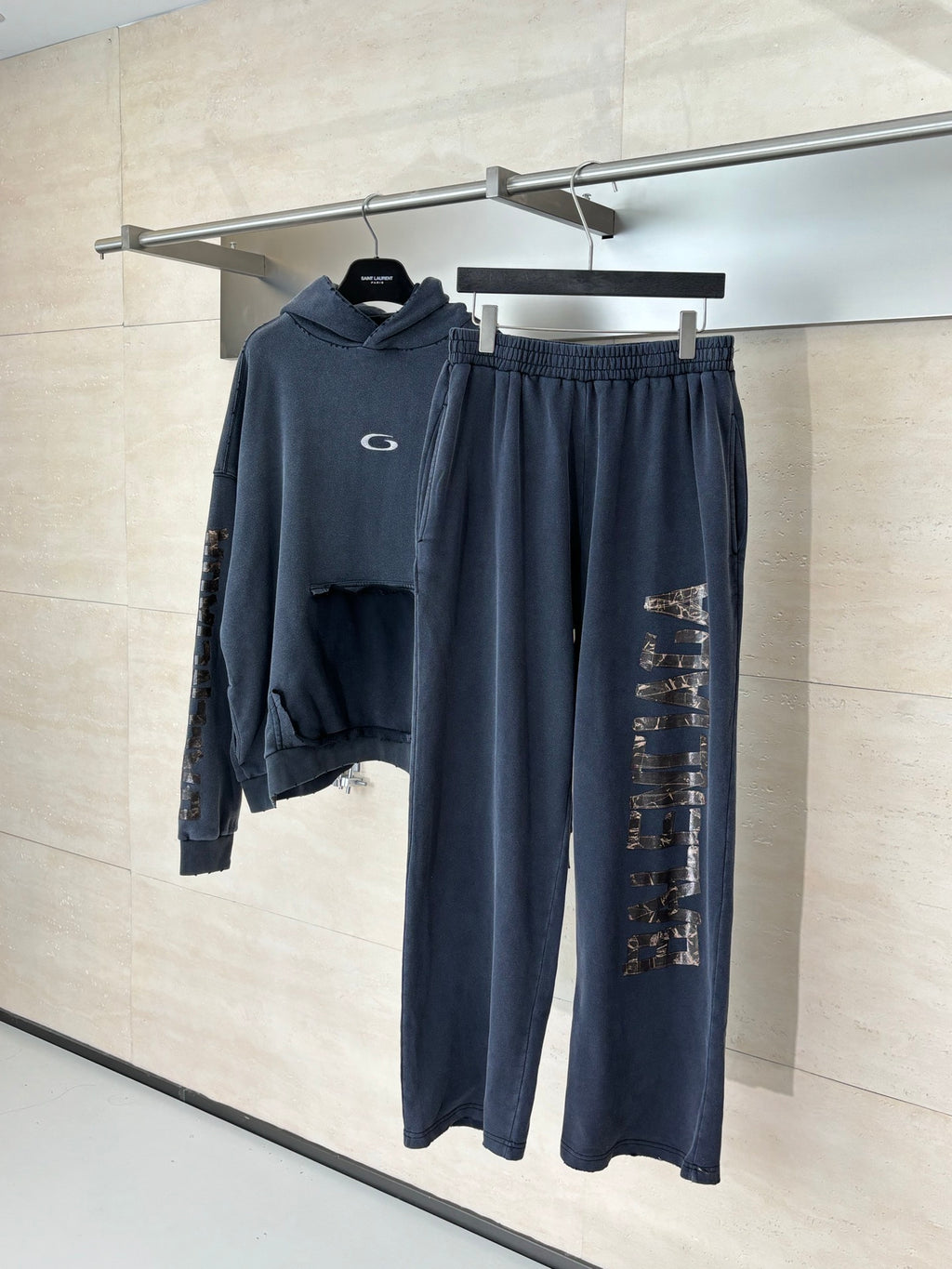 Balenciaga dark navy wide-leg sweatpants with elastic waistband and side logo print