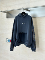 Navy Balenciaga pullover hoodie with hood and white oval logo