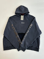 Navy Balenciaga hoodie with hood, front logo, and V-shaped sleeve embroidery