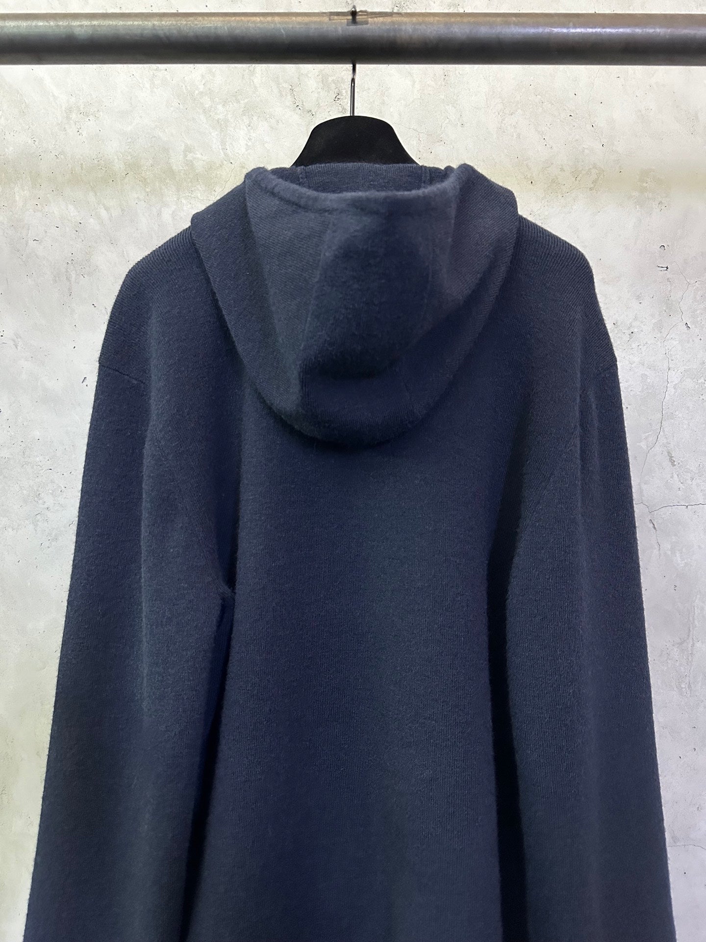 Men's Burberry navy zip-up hoodie, back view with hood and ribbed cuffs