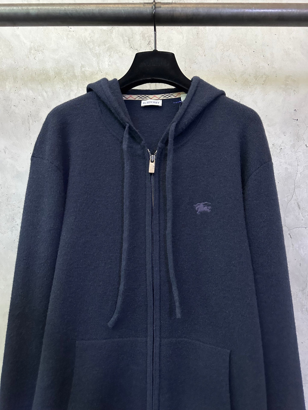 Men's Burberry navy zip-up hoodie with front zipper and small chest logo