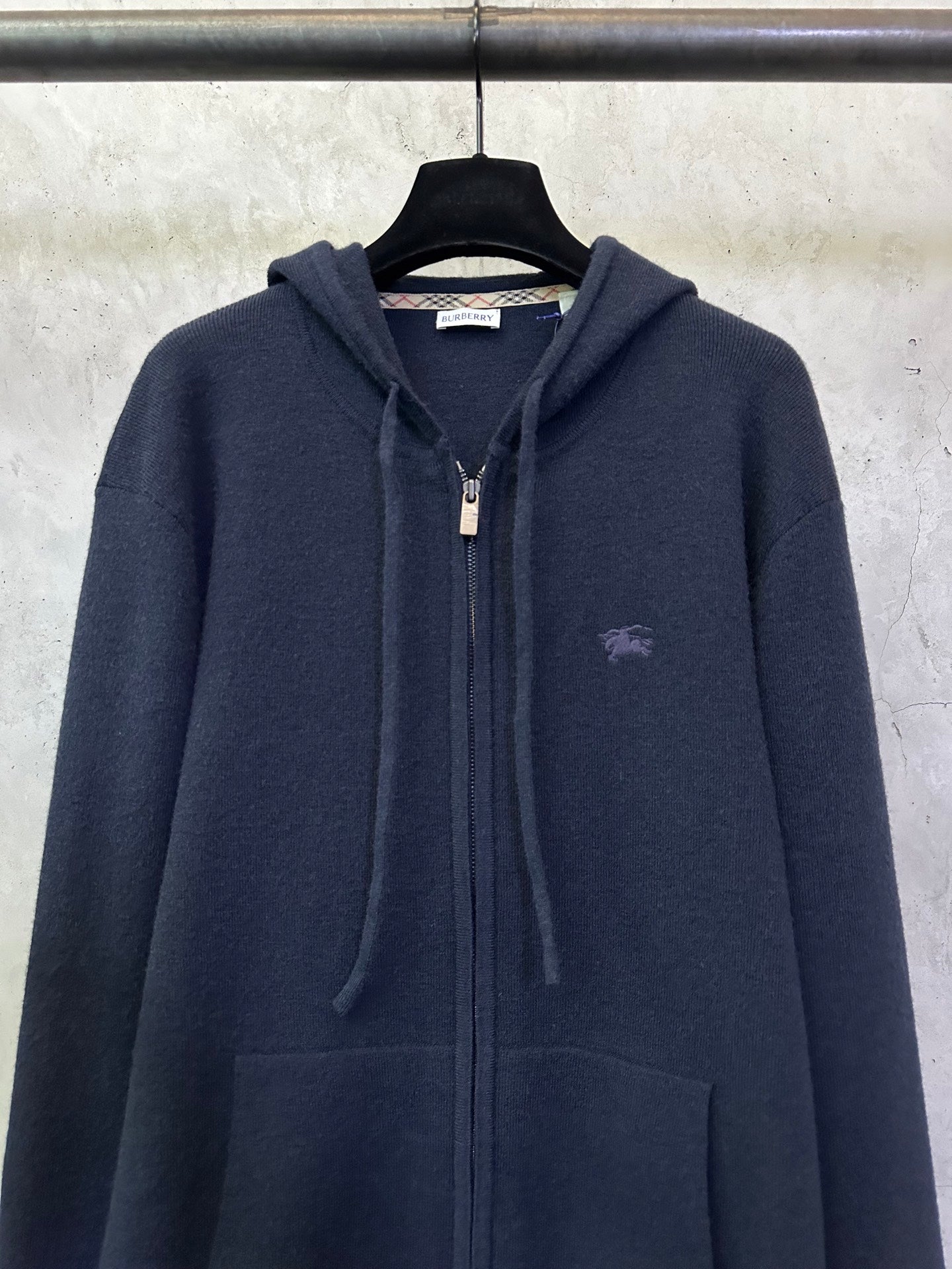 Men's Burberry navy zip-up hoodie with front zipper and small chest logo