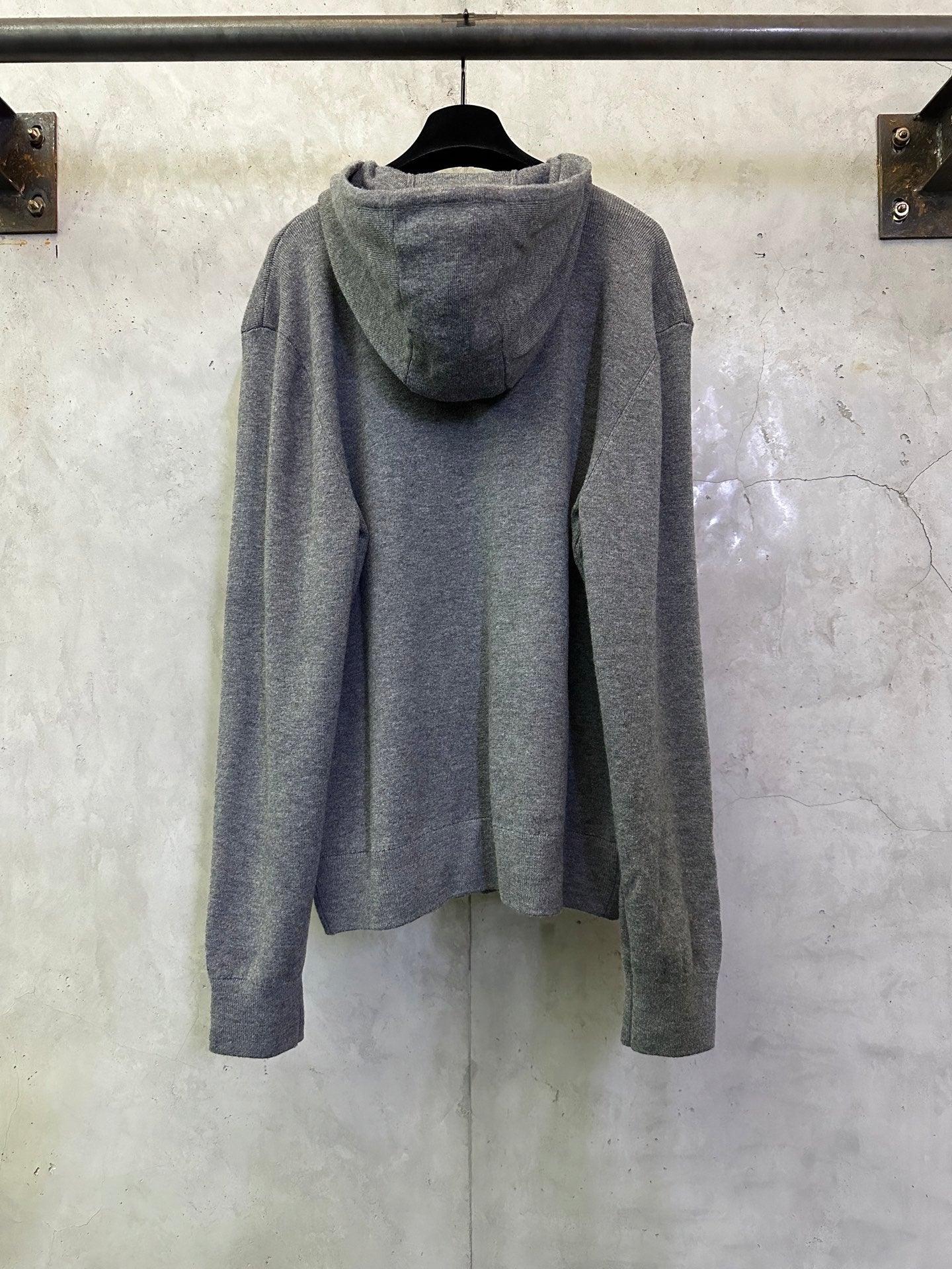 Burberry long zip hoodie in heather gray, back view with hood