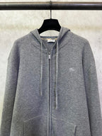 Burberry long zip hoodie in heather gray, front view with zipper and drawcords