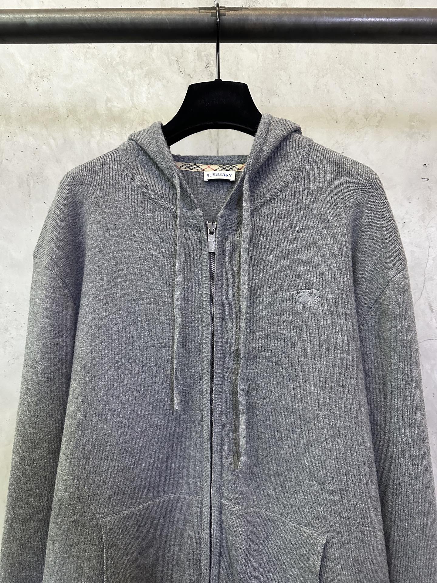Burberry long zip hoodie in heather gray, front view with zipper and drawcords