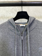 Burberry long zip hoodie in heather gray, close-up of hood and zipper pull