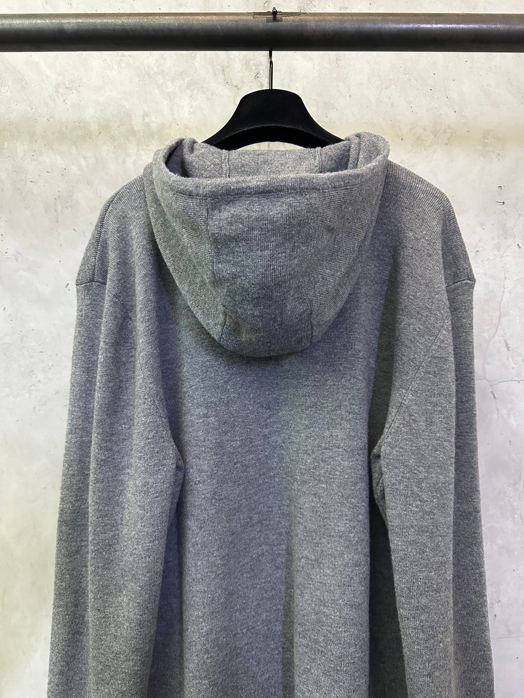 Burberry long zip hoodie in heather gray, back view with hood and drawstrings