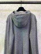Burberry long zip hoodie in heather gray, back view with hood and drawstrings