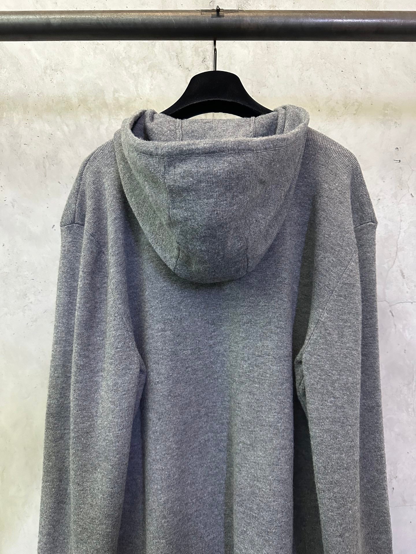 Burberry long zip hoodie in heather gray, back view with hood and drawstrings
