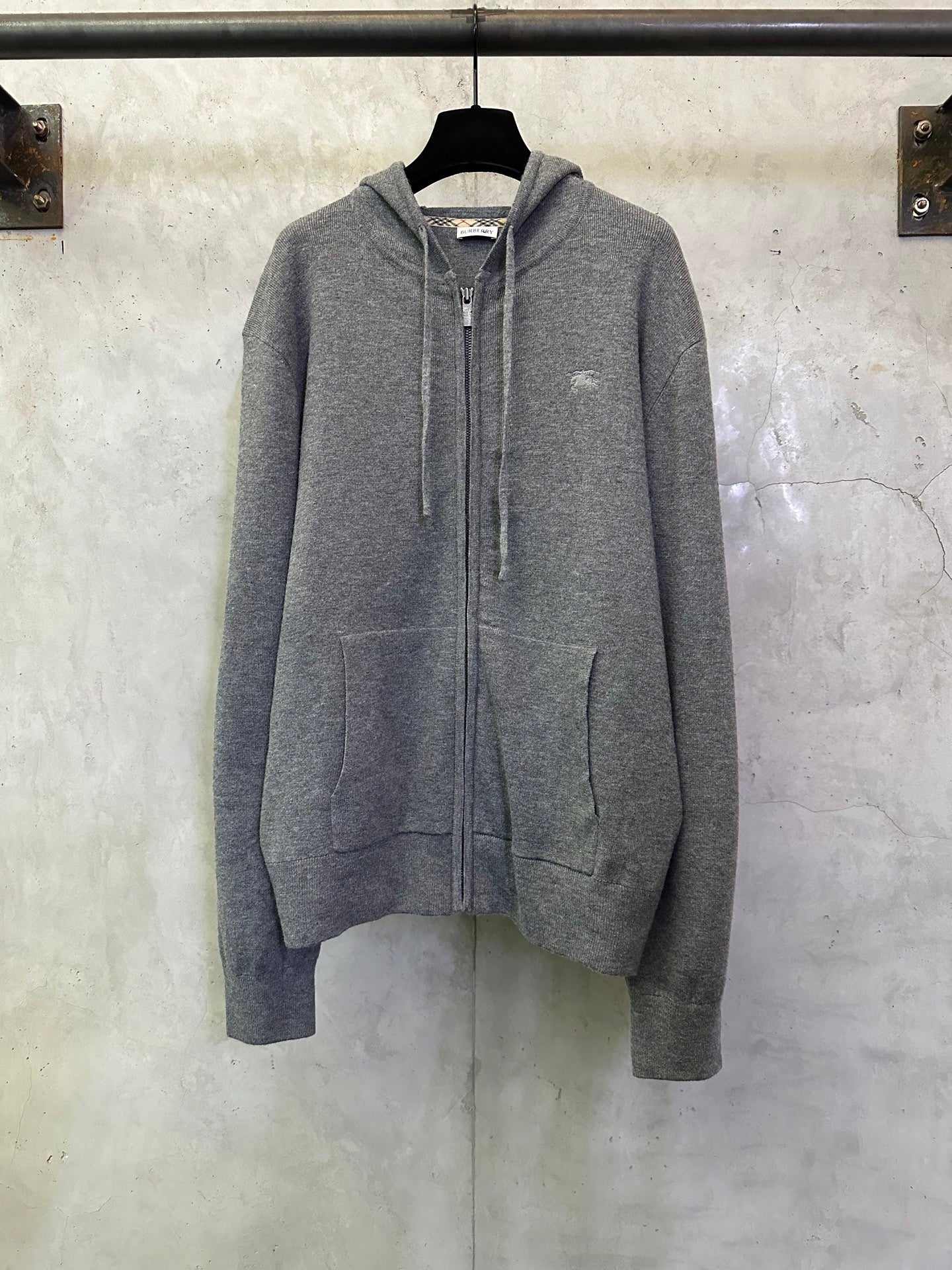 Burberry long zip hoodie in heather gray, full front zipper and hood with drawstrings