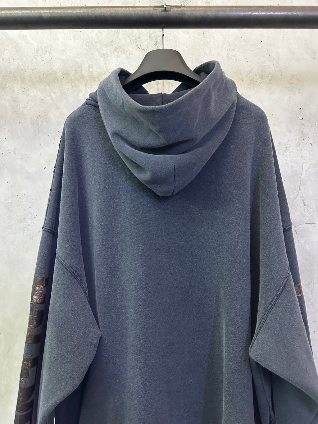 Balenciaga long-sleeve hoodie, dark gray, draped hood and clean front panel