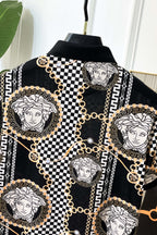 Versace printed shirt front with Medusa medallions, checkerboard blocks, and gold chain links